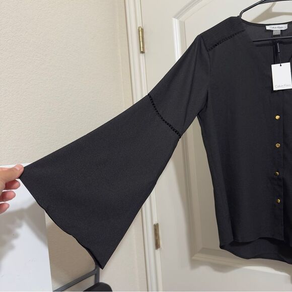 NWT CALVIN KLEIN BOHO MINIMALIST CROSS STITCH BELL SLEEVES‎ BLOUSE SMALL OFFICE - Picture 7 of 14